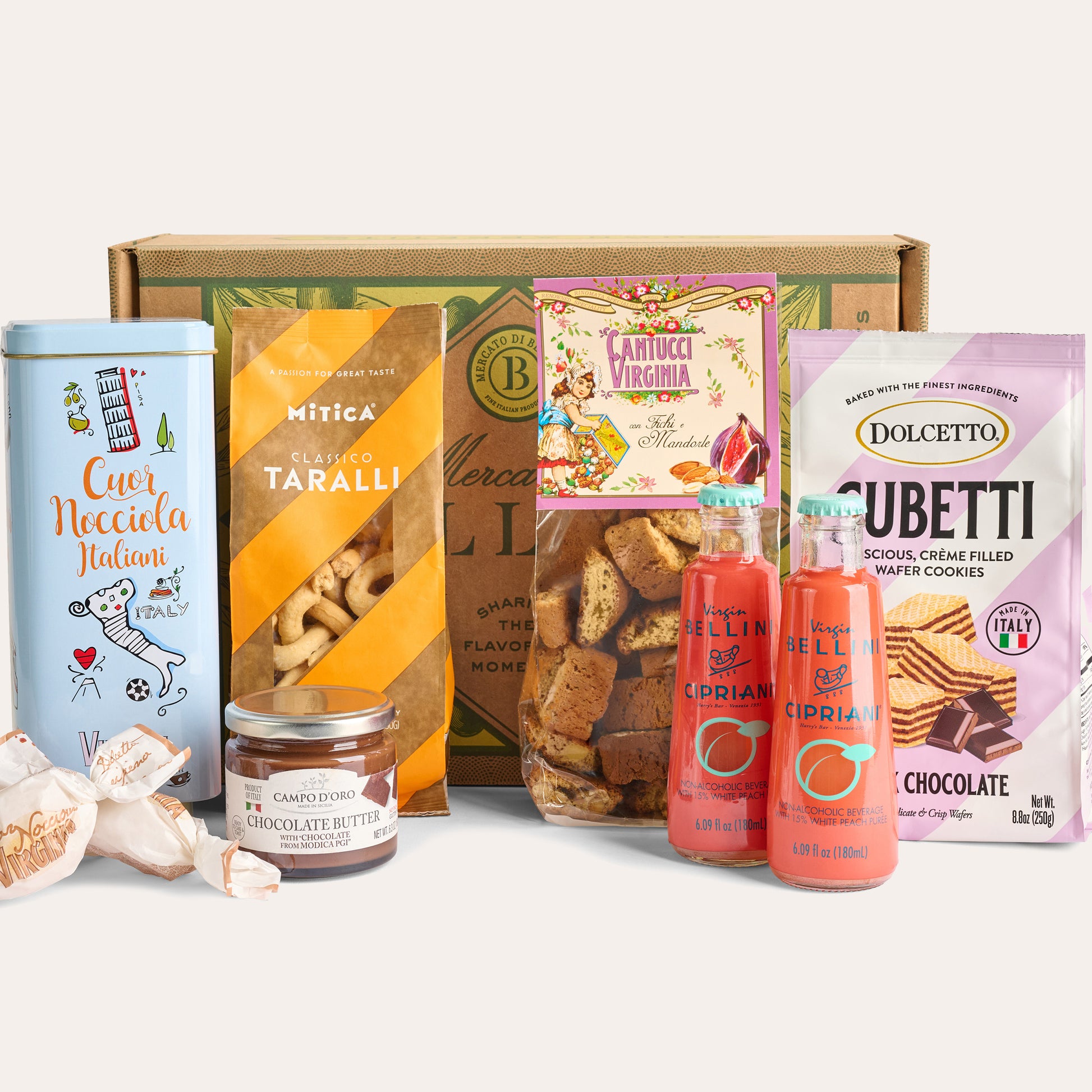 Full Italian gift box set with Bellini drinks, biscotti, wafers, taralli, and chocolate spread