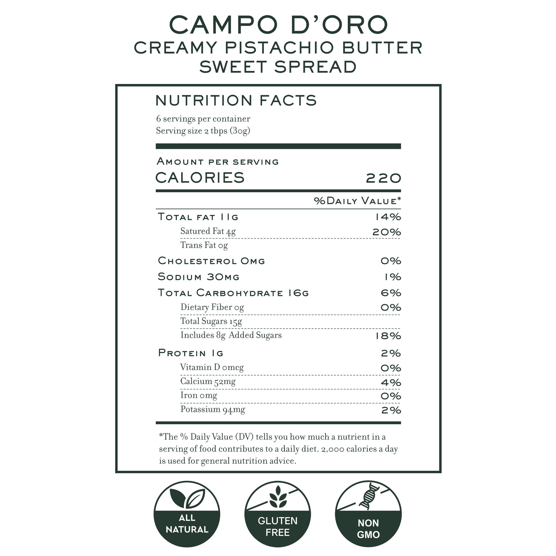 Nutrition label for Campo d’Oro creamy pistachio butter sweet spread