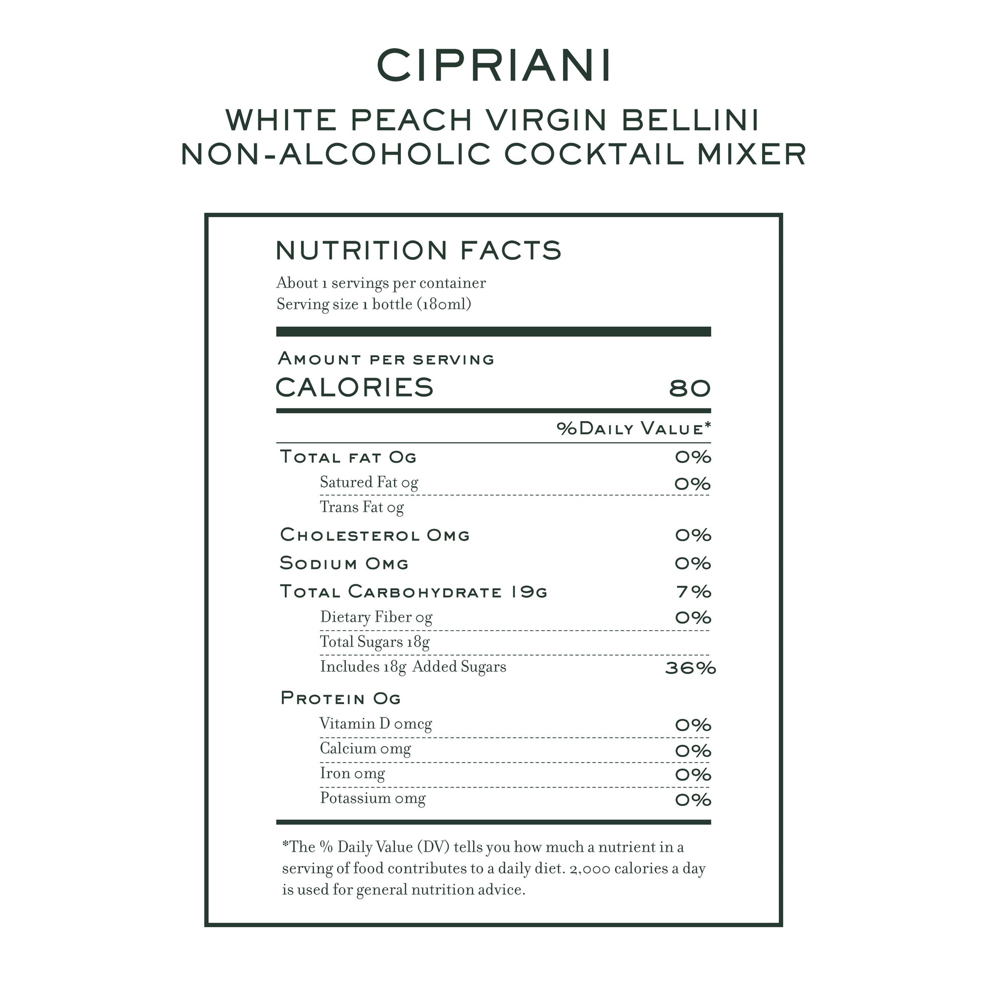 Nutrition facts label for Cipriani White Peach Virgin Bellini non-alcoholic cocktail mixer