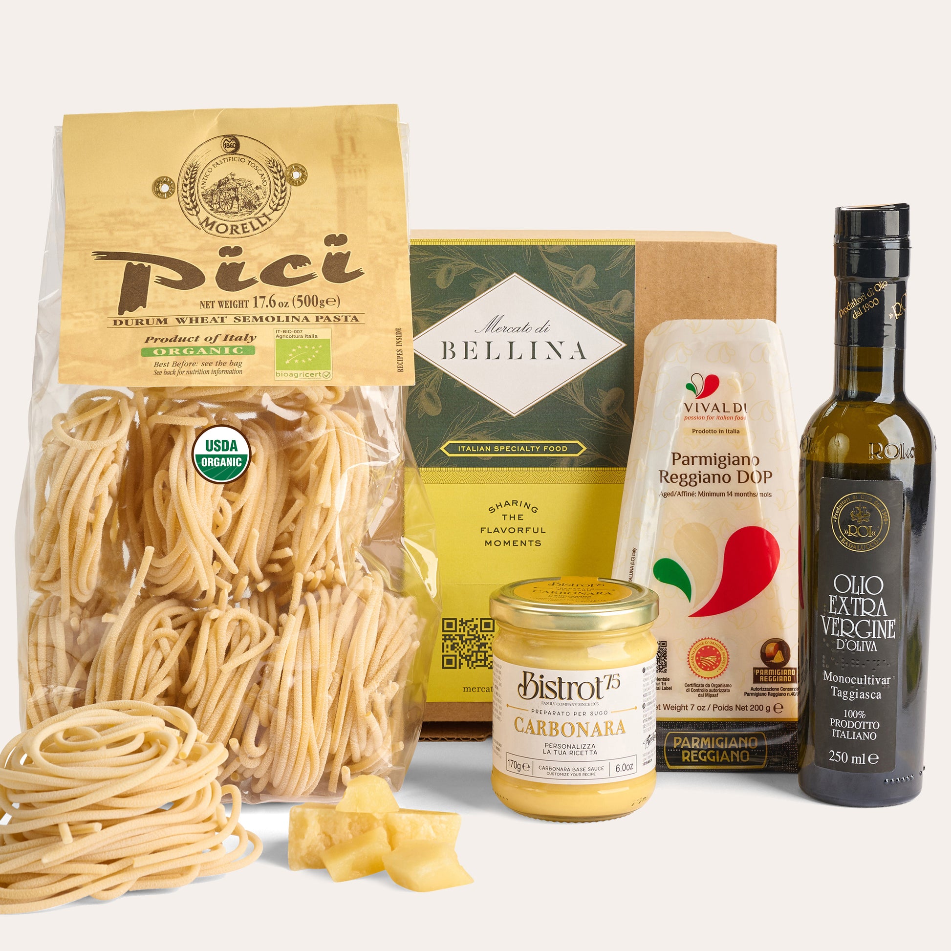 Mercato di Bellina carbonara recipe box with pasta, sauce, cheese, olive oil