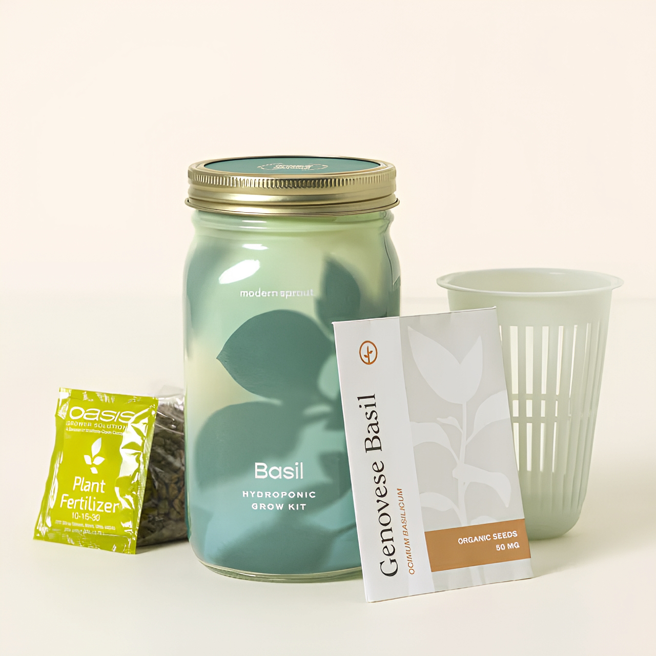 Basil hydroponic grow kit with glass jar, seeds, fertilizer, and planting cup