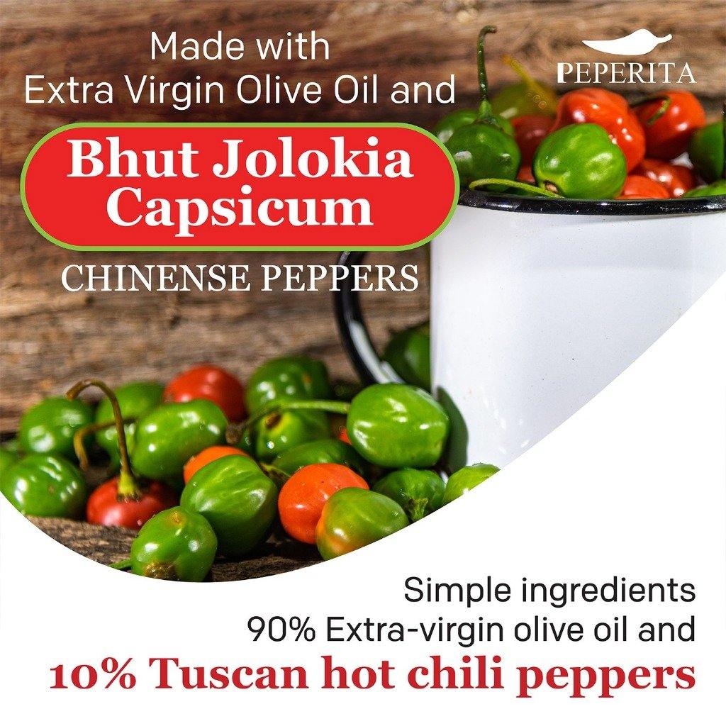 Made With Extra Virgin Olive Oil and Bhut Jolokia Capsicum Chinense Peppers