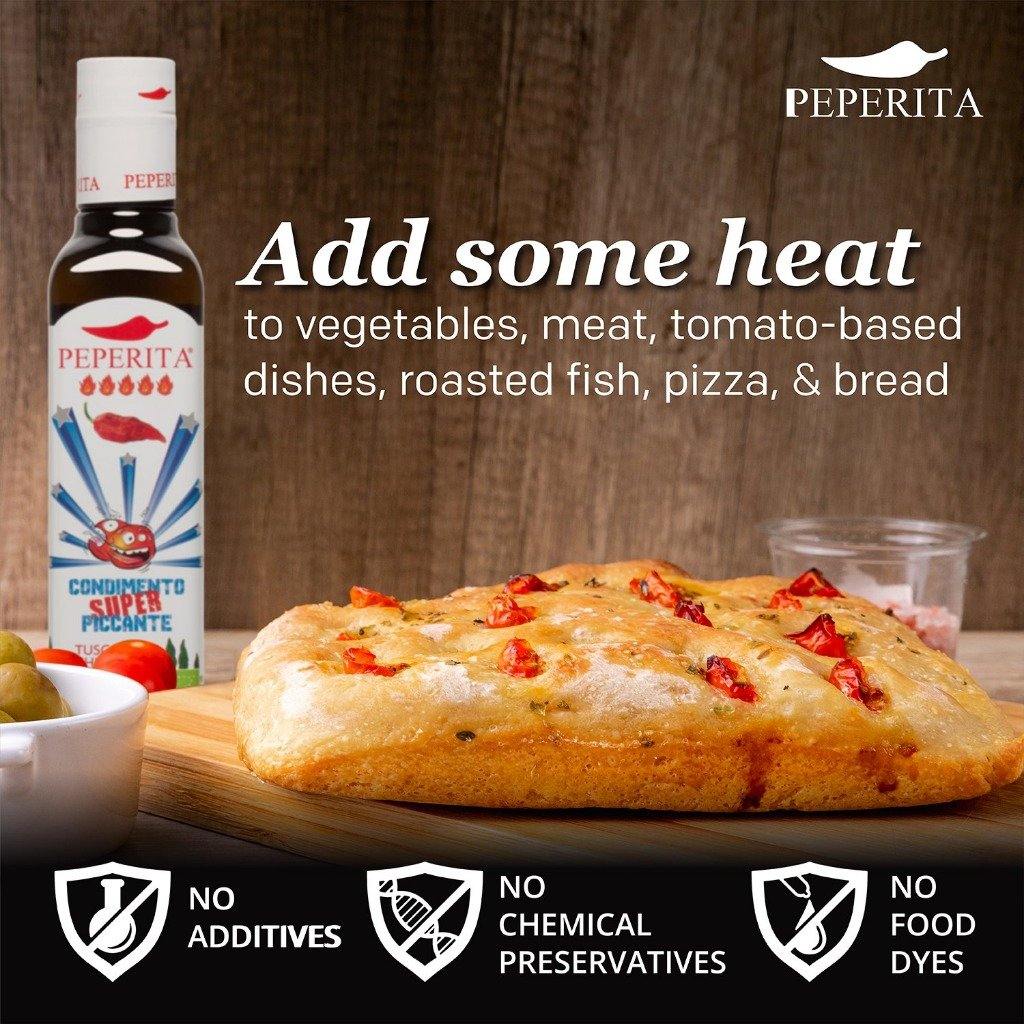 Add some heat to vegetables, meat, tomato-based dishes, roasted fish, pizza, and bread
