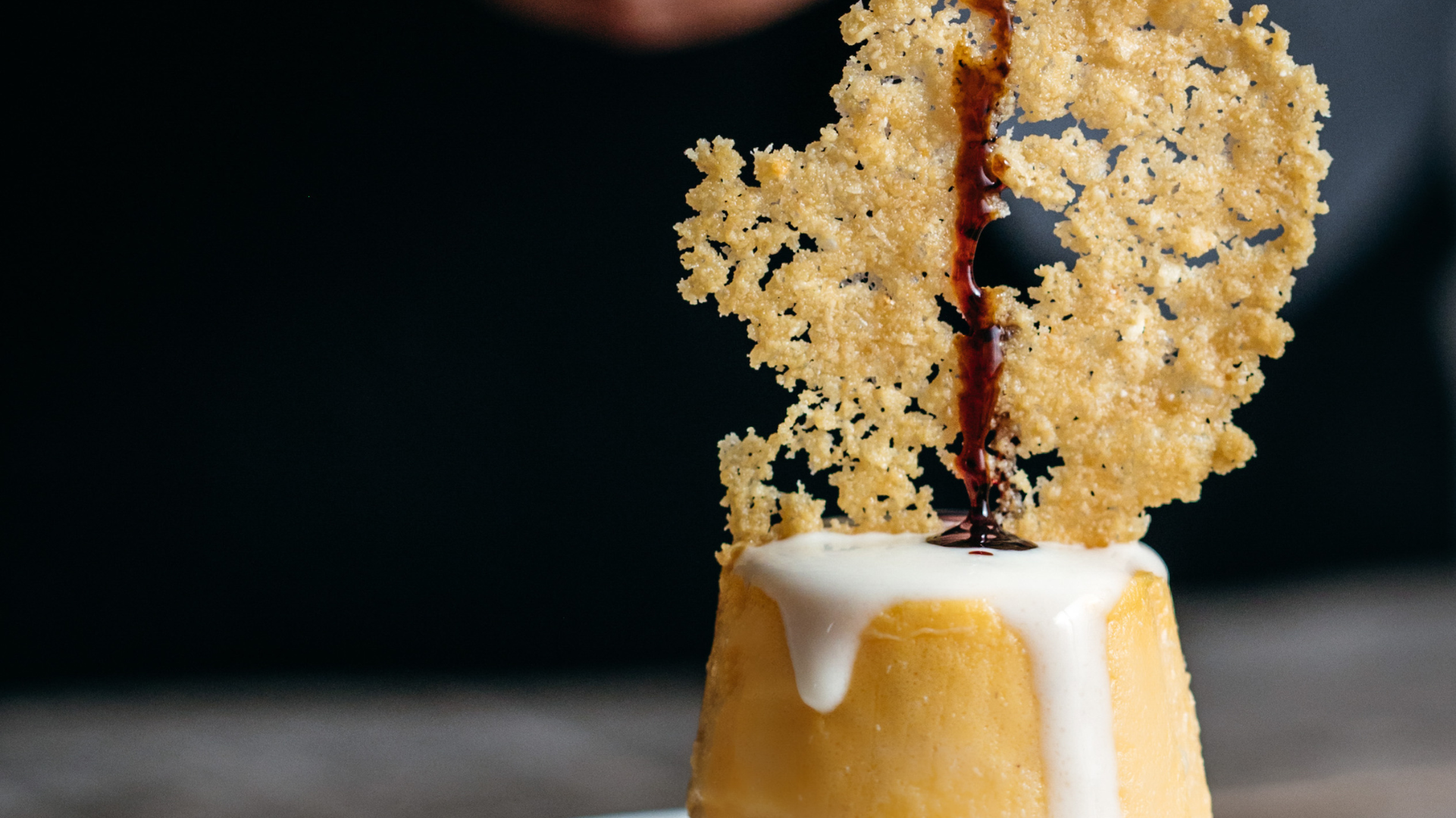 Pumpkin Flan with Taleggio Fondue and Parmigiano Wafer