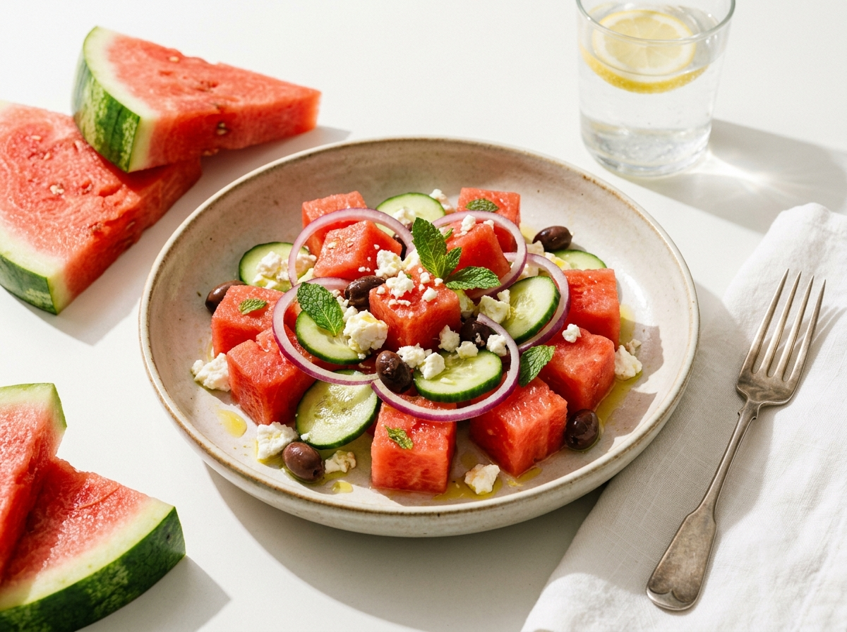 A vibrant summer watermelon salad topped with crumbled feta, fresh mint leaves, sliced cucumbers, and premium ROI Taggiasca olives in brine on a serving plate.