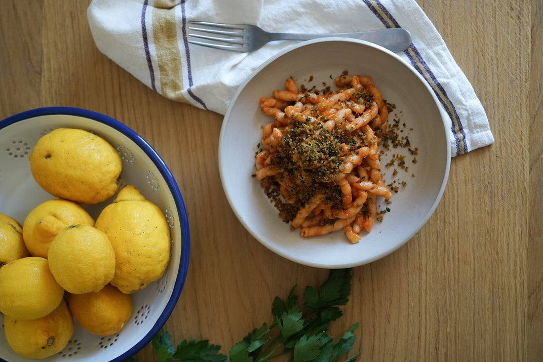 The Ultimate Vegan Pasta al Pomodoro: A Zesty, Textured Mediterranean Classic, busiate by Morelli, Selezione extra virgin olive oil by Cutrera, salsa pomodoro cherry tomatoes paste by Cutrera
