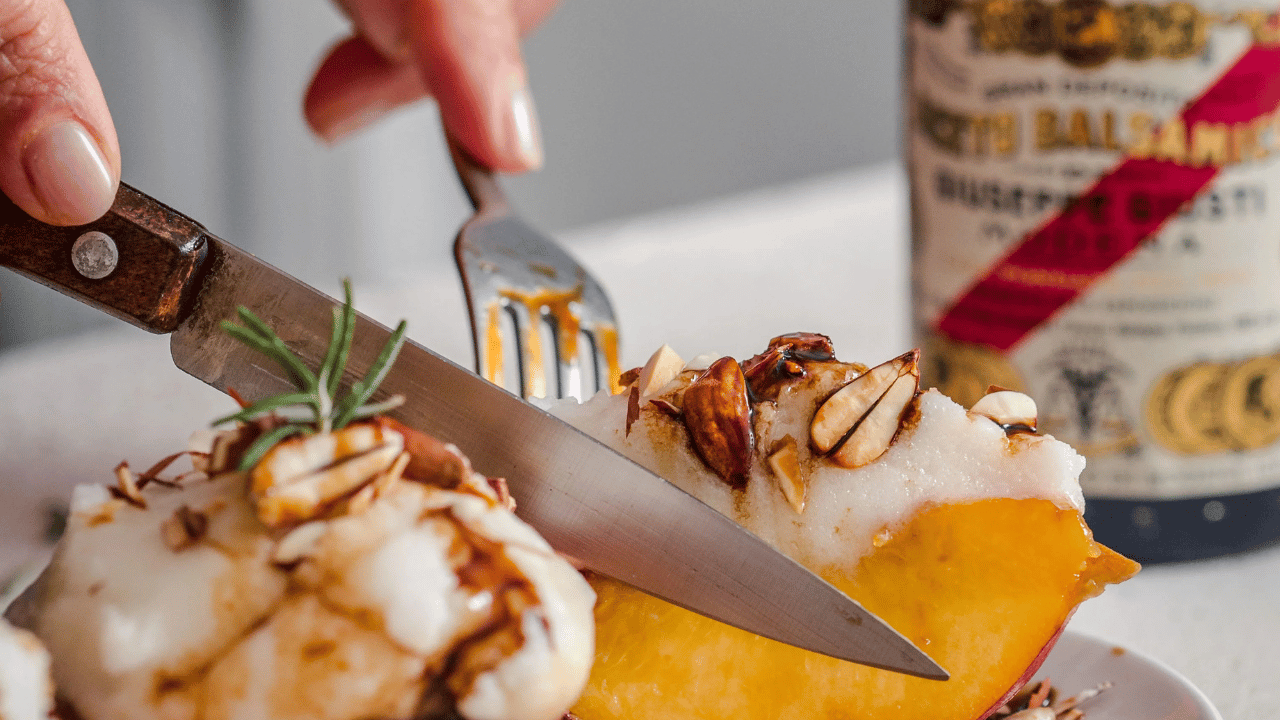 Grilled Peaches with Almonds, Vanilla Ice Cream, and Balsamic Vineagr of Modena