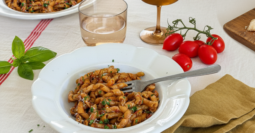 Pasta Puttanesca with Mercato di Bellina Gift Box Morelli busiate pasta cutrera selezione EVOO