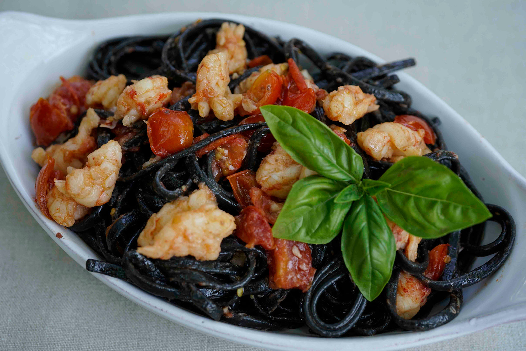 Shrimp and Tomato Squid Ink Linguine