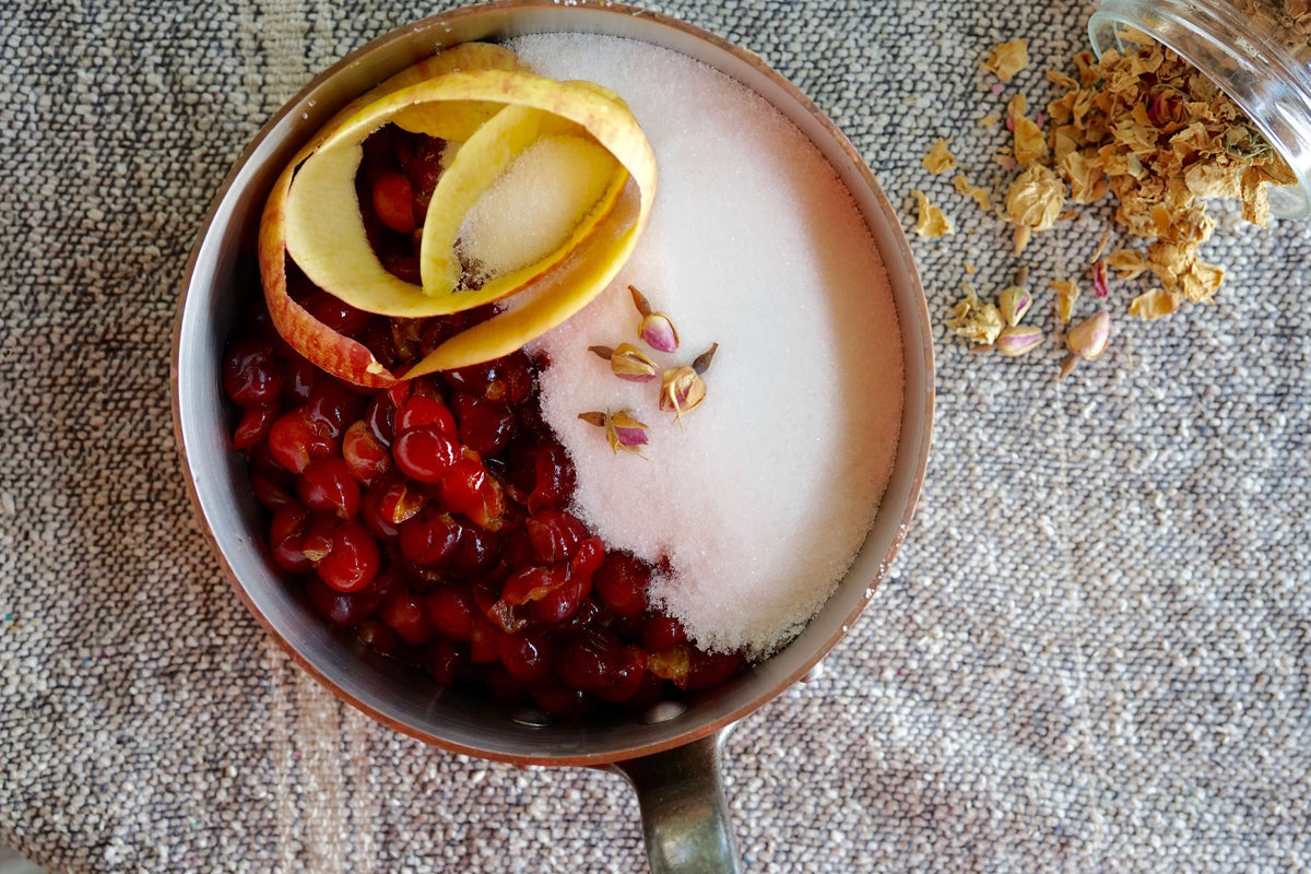 Wild cherry and rose petal jam