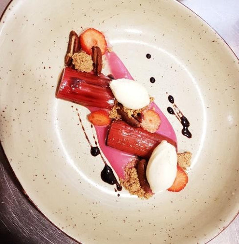 Rhubarb, strawberry, white chocolate ganache, crumble caramel, pecan, buttermilk ice cream and Giust