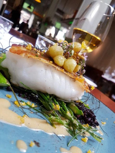 Cod with bacon, hollandaise sauce with Giusti White Condiment, Salicornia, green asparagus