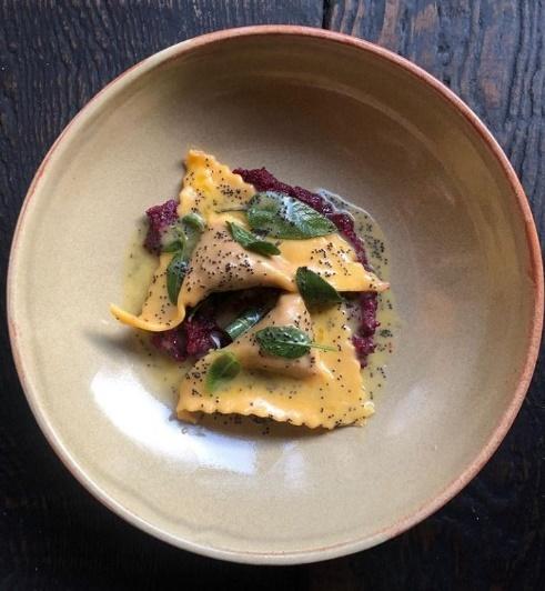 Ravioli with beetroot, smoked ricotta, poppy seeds, sage and Giusti Balsamic Vinegar 2 Gold Medals