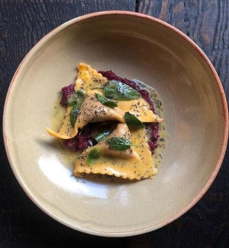 Ravioli with beetroot, smoked ricotta, poppy seeds, sage and Giusti Ba ...