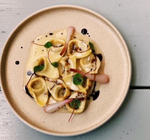 Chicken liver ravioli with pickled ramps and Giusti Balsamic Vinegar of Modena 5 Gold Medals