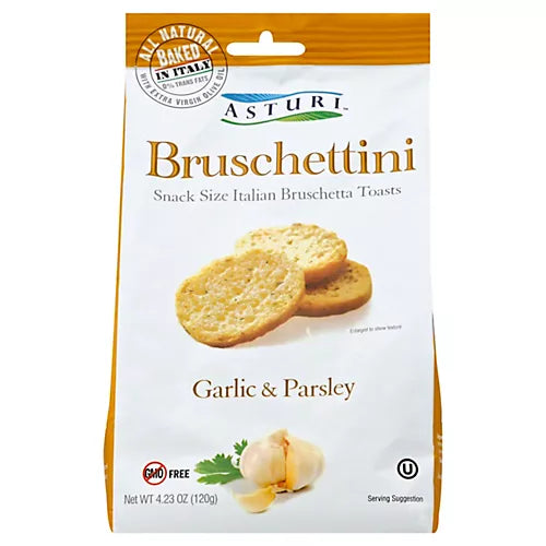 Asturi Garlic and Parsley Bruschettini - Italian Baked Mini Toasts with Olive Oil, Vegan, All Natural, No Preservatives or Artificial Flavors, Savory Gourmet Snack or Appetizer, Crunchy, Flavorful, OU Kosher, Plant-Based