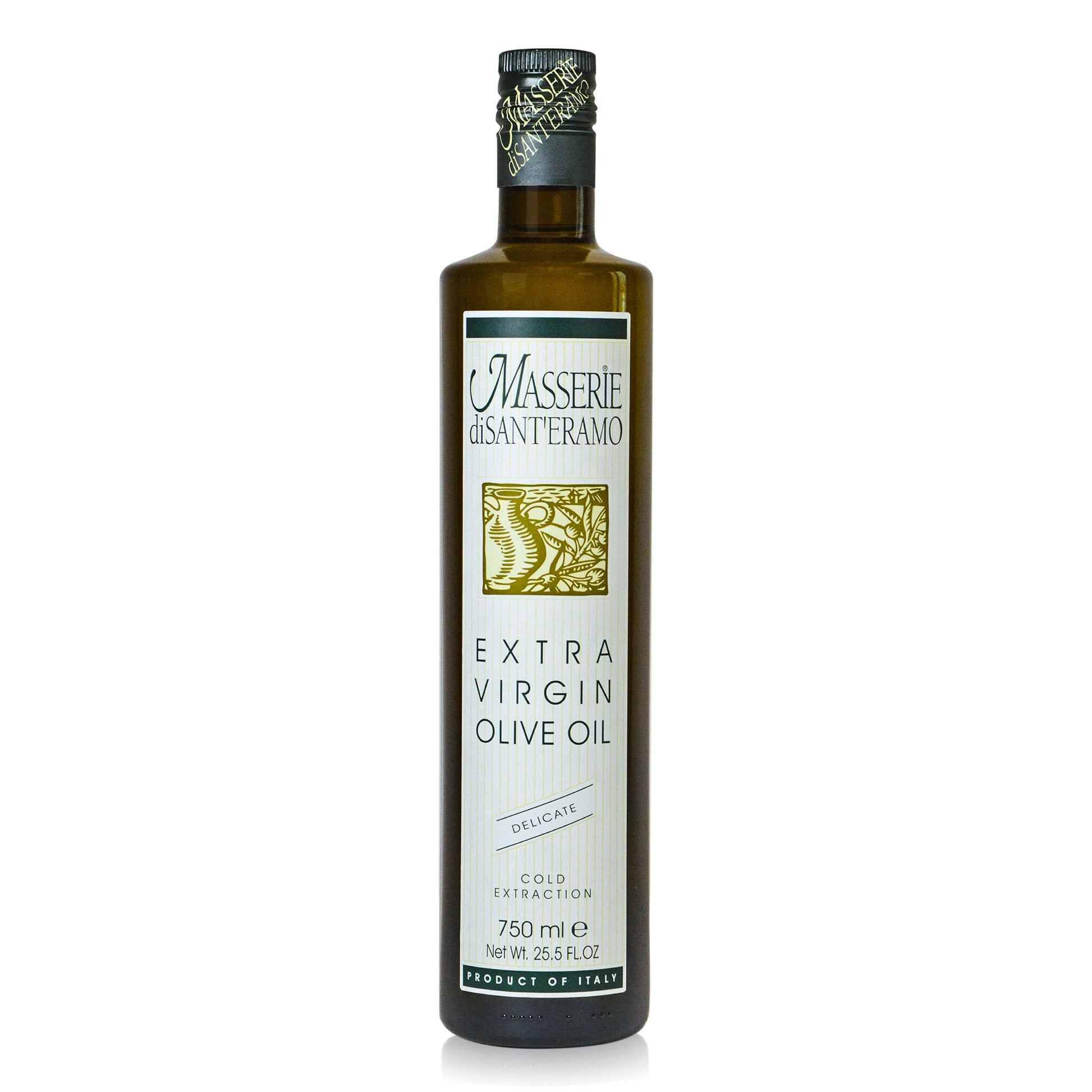 Bottle of Delicate Italian Extra Virgin Olive Oil on a white background, Masserie di Santeramo
