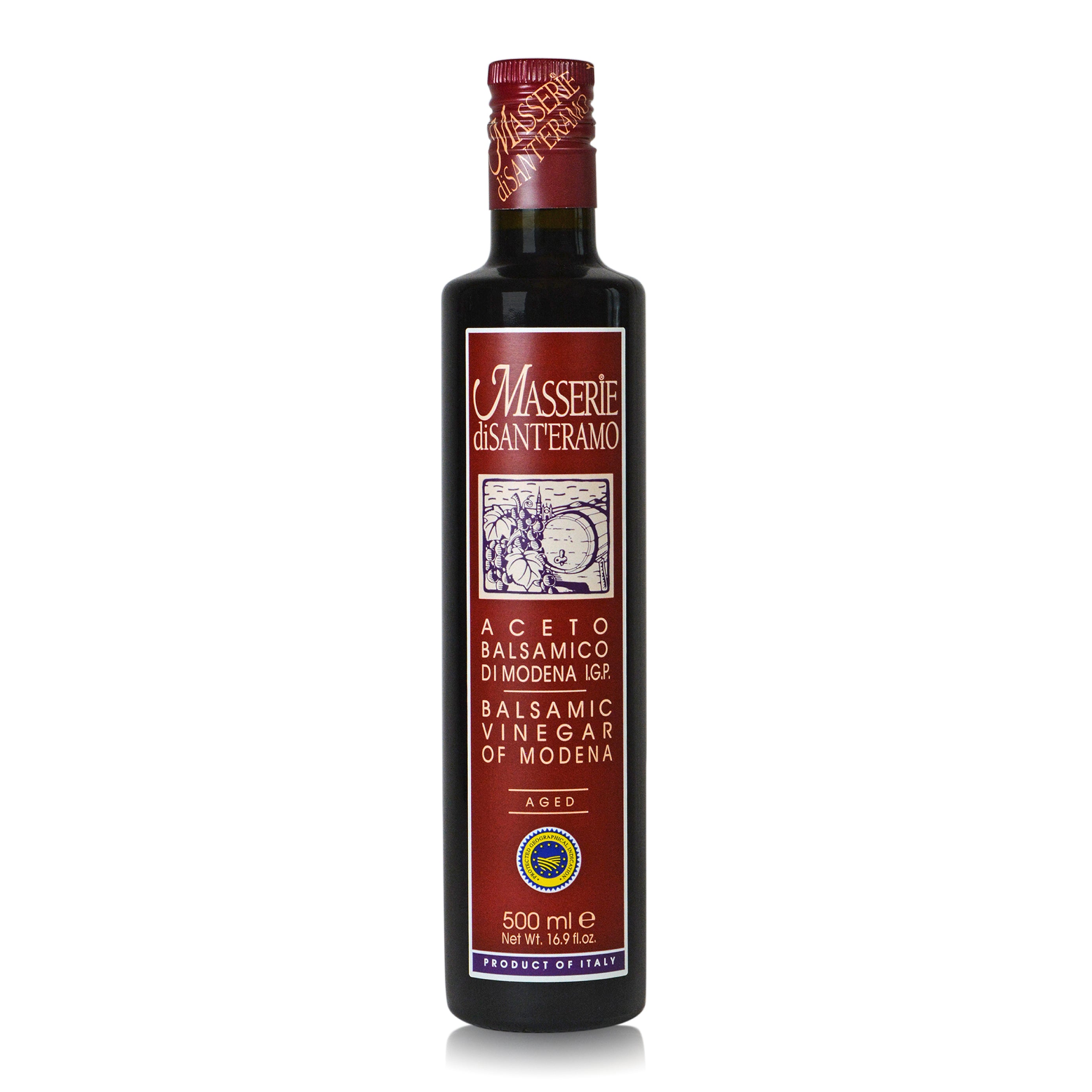 Bottle of Burgundy Label Aged Balsamic Vinegar of Modena on a white background, Masserie di Santeramo