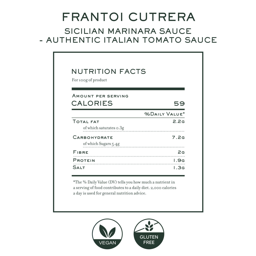 Nutrition facts label of Sicilian marinara sauce, vegan and gluten-free