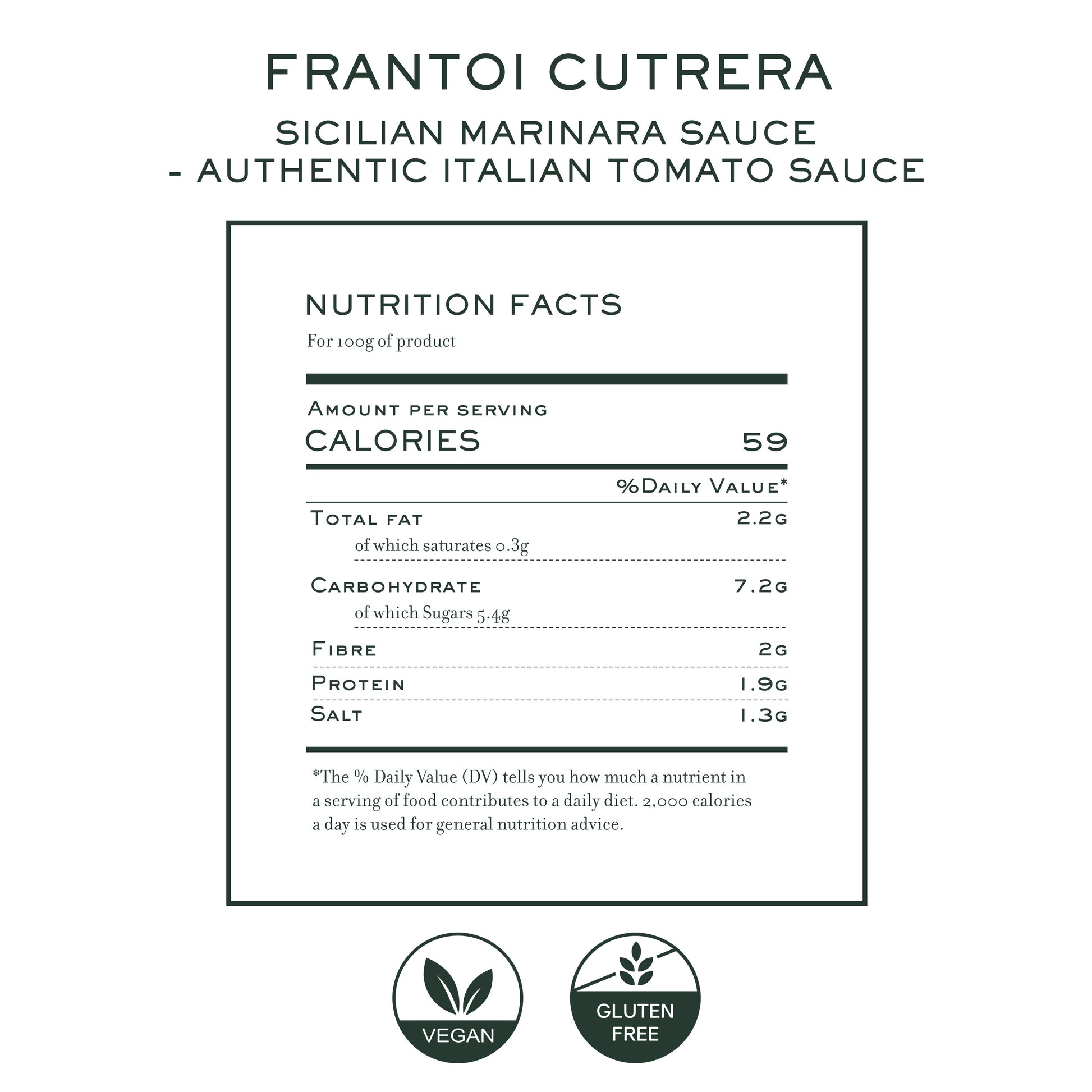 Nutrition facts label of Sicilian marinara sauce, vegan and gluten-free