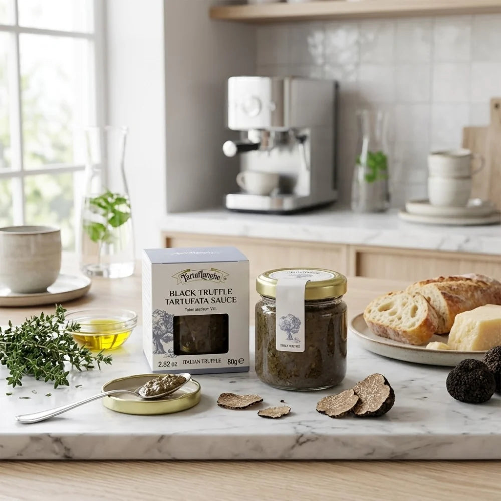 A jar of  black truffle tartufine sauce sits on a marble countertop in a bright kitchen setting, alongside a branded box, sliced truffles, bread, cheese, herbs, and an espresso machine in the background.