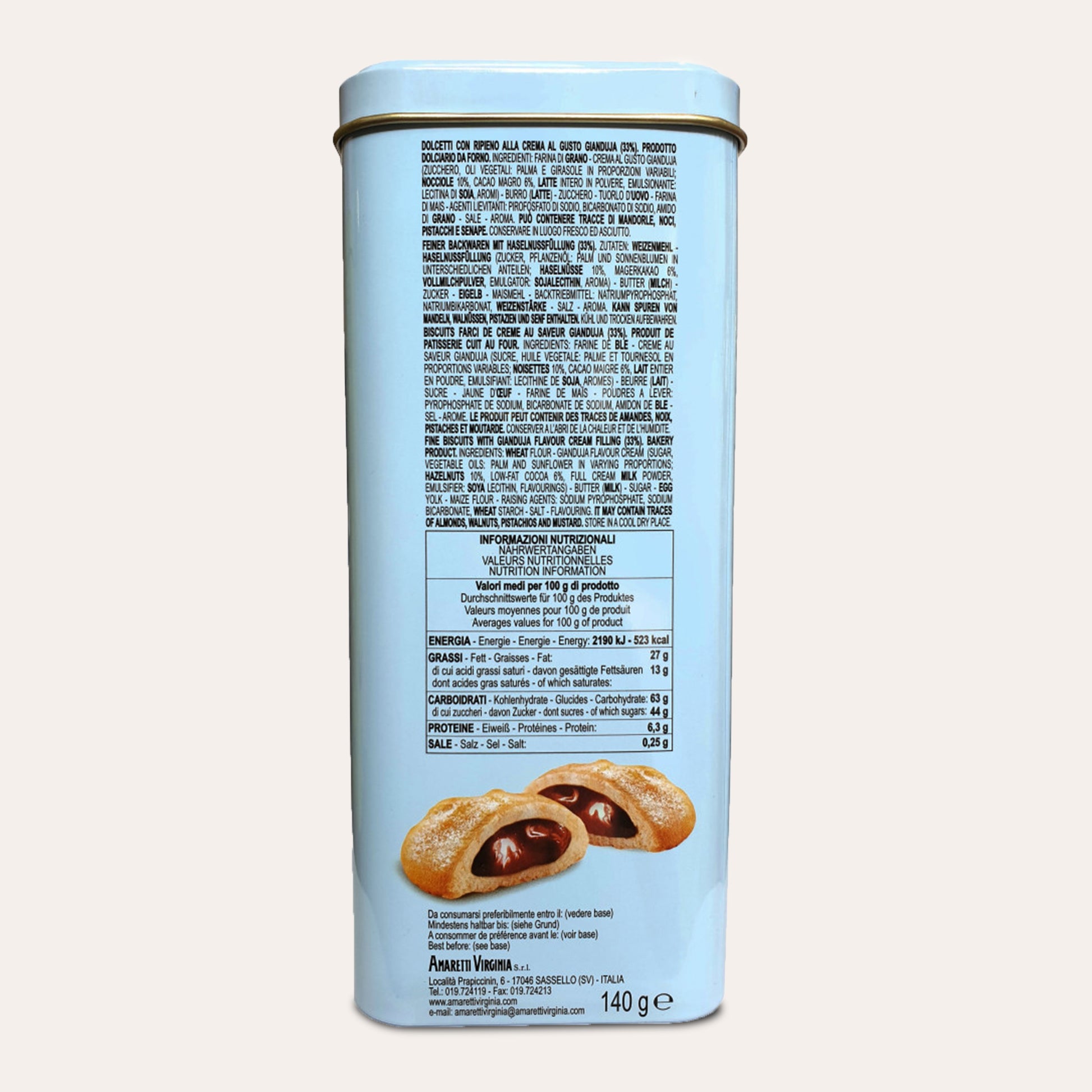 Ingredients and nutrition label on collectible tin with hazelnut cream cookies