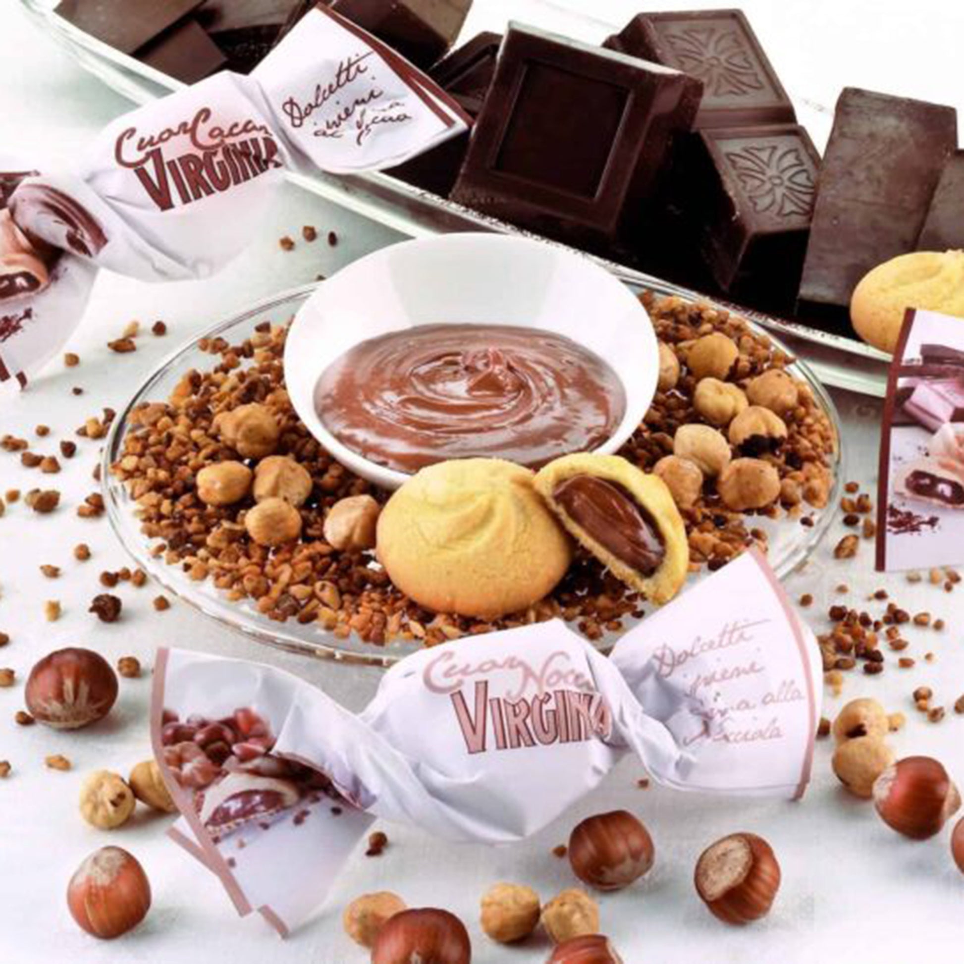 Hazelnut cookies with chocolate and nuts, displayed with Amaretti Virginia wrappers