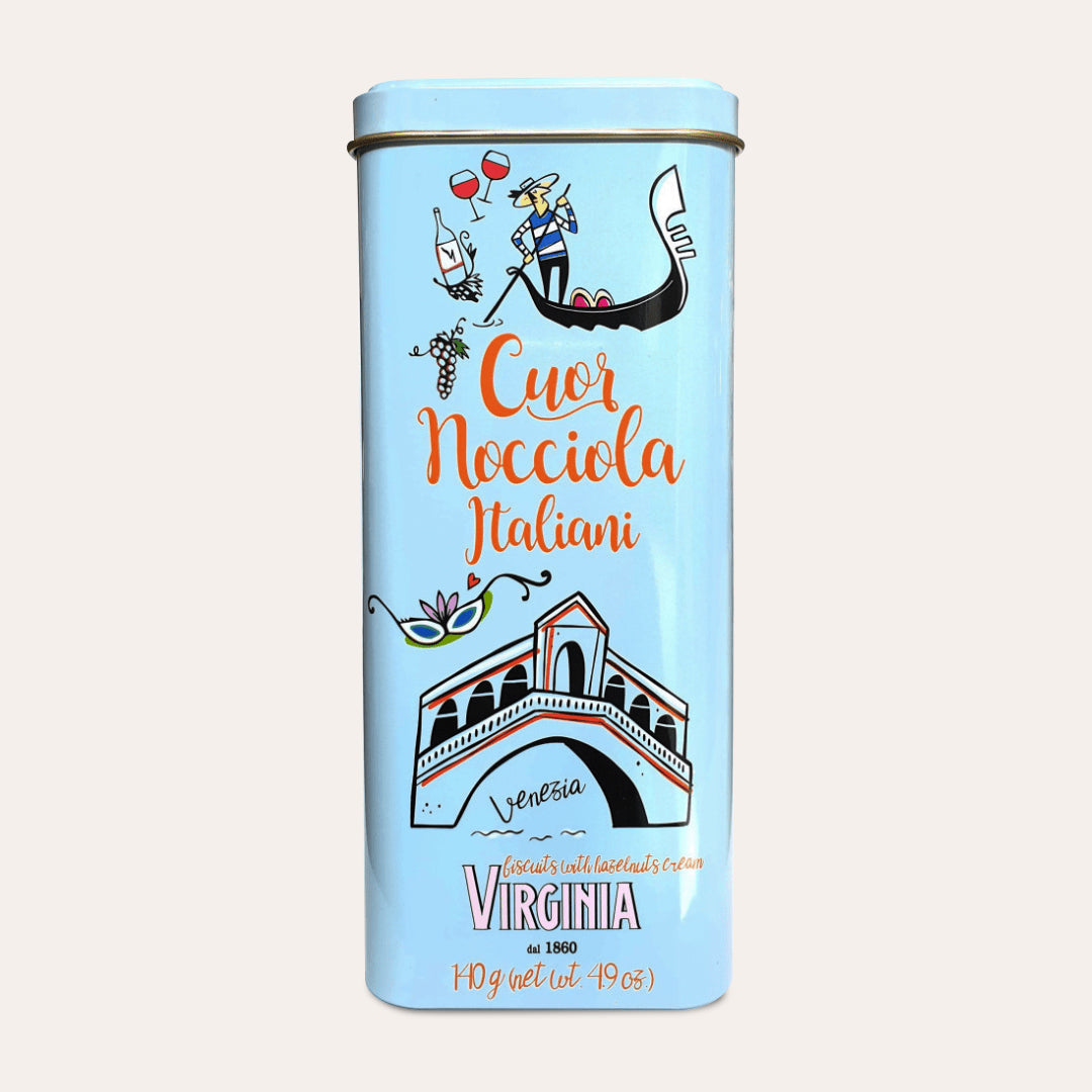 Collectible tin of Italian cookies with hazelnut cream by Amaretti Virginia