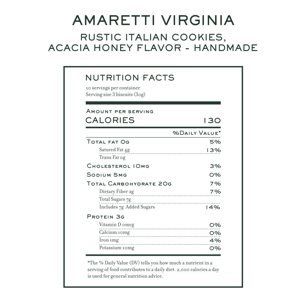 Nutrition facts for Amaretti Virginia rustic acacia honey Italian cookies