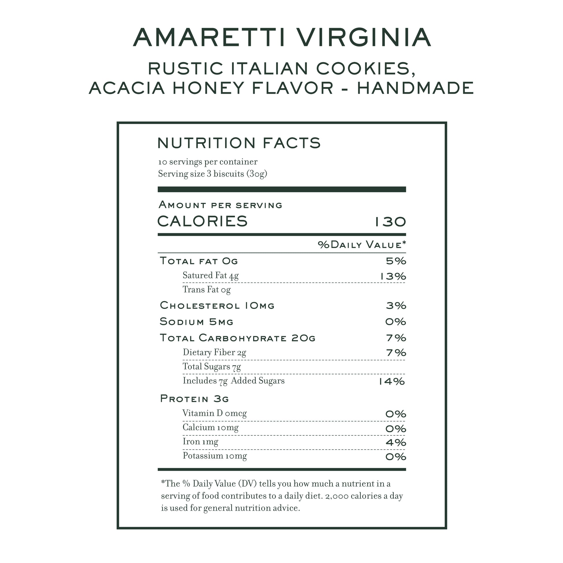 Nutrition facts for Amaretti Virginia rustic acacia honey Italian cookies