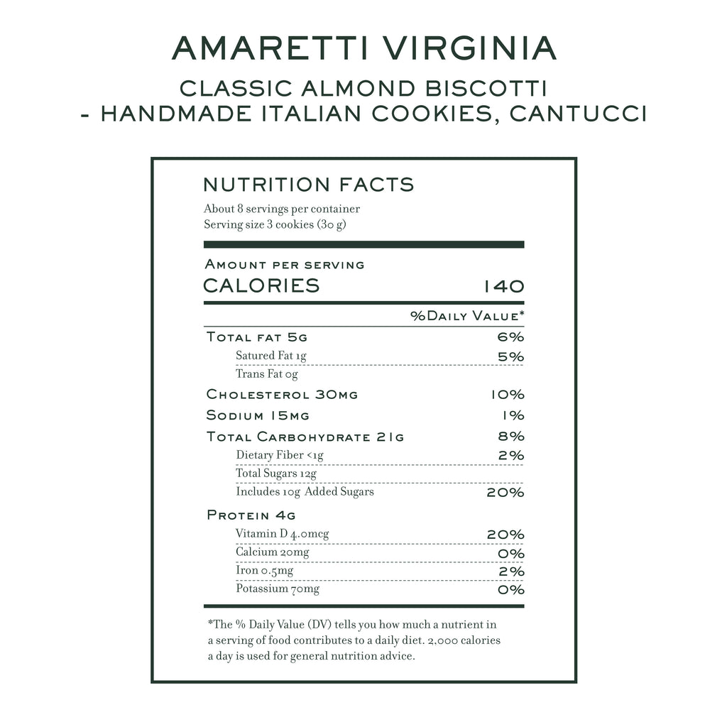 Nutrition facts for Amaretti Virginia classic almond cantucci biscotti cookies
