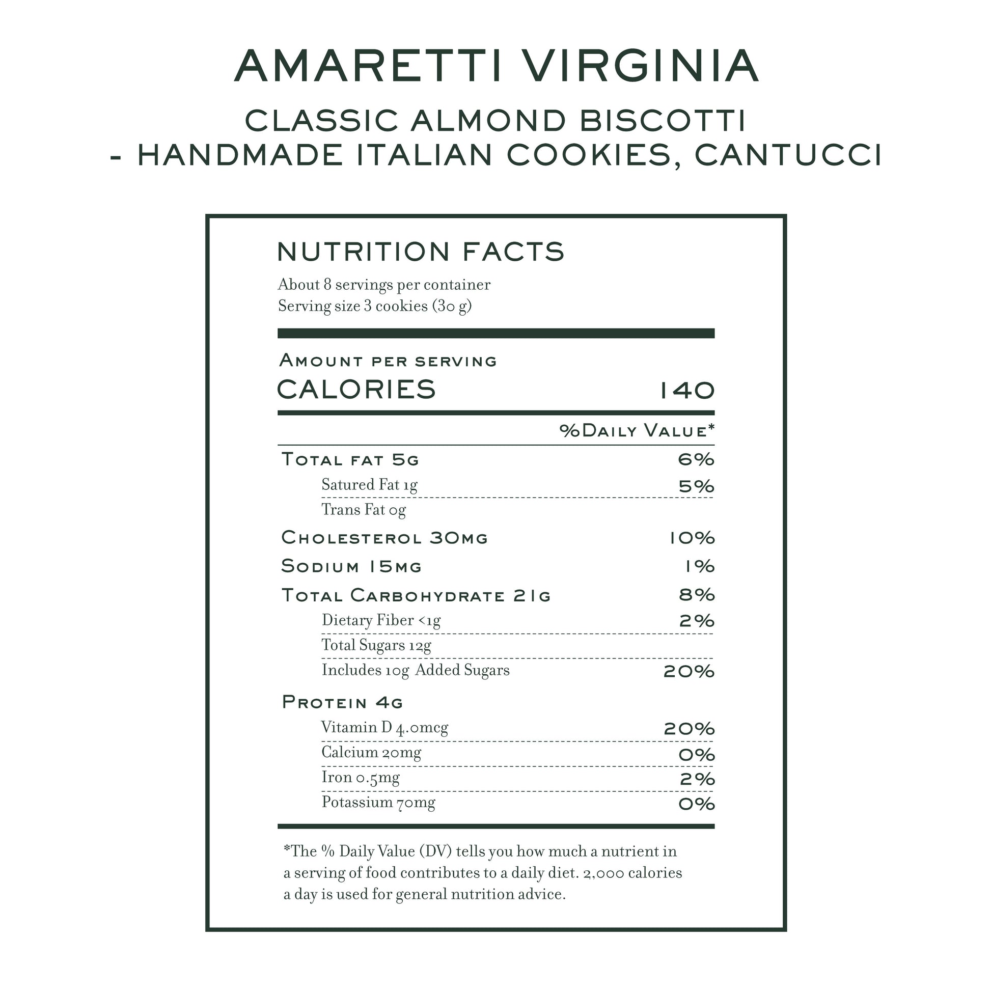 Nutrition facts for Amaretti Virginia classic almond cantucci biscotti cookies