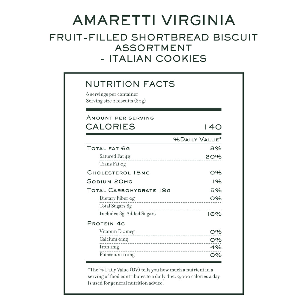 Assorted Italian shortbread biscuits with fruit preserves by Amaretti VirginiaNutrition facts label for Amaretti Virginia assorted fruit-filled shortbread biscuits