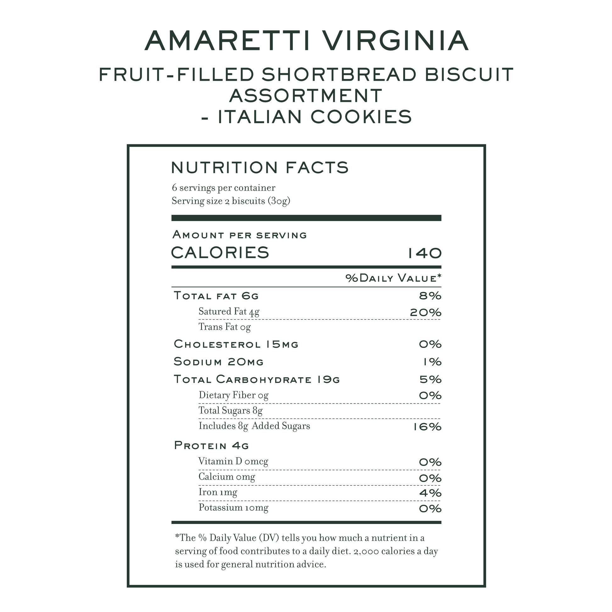 Assorted Italian shortbread biscuits with fruit preserves by Amaretti VirginiaNutrition facts label for Amaretti Virginia assorted fruit-filled shortbread biscuits