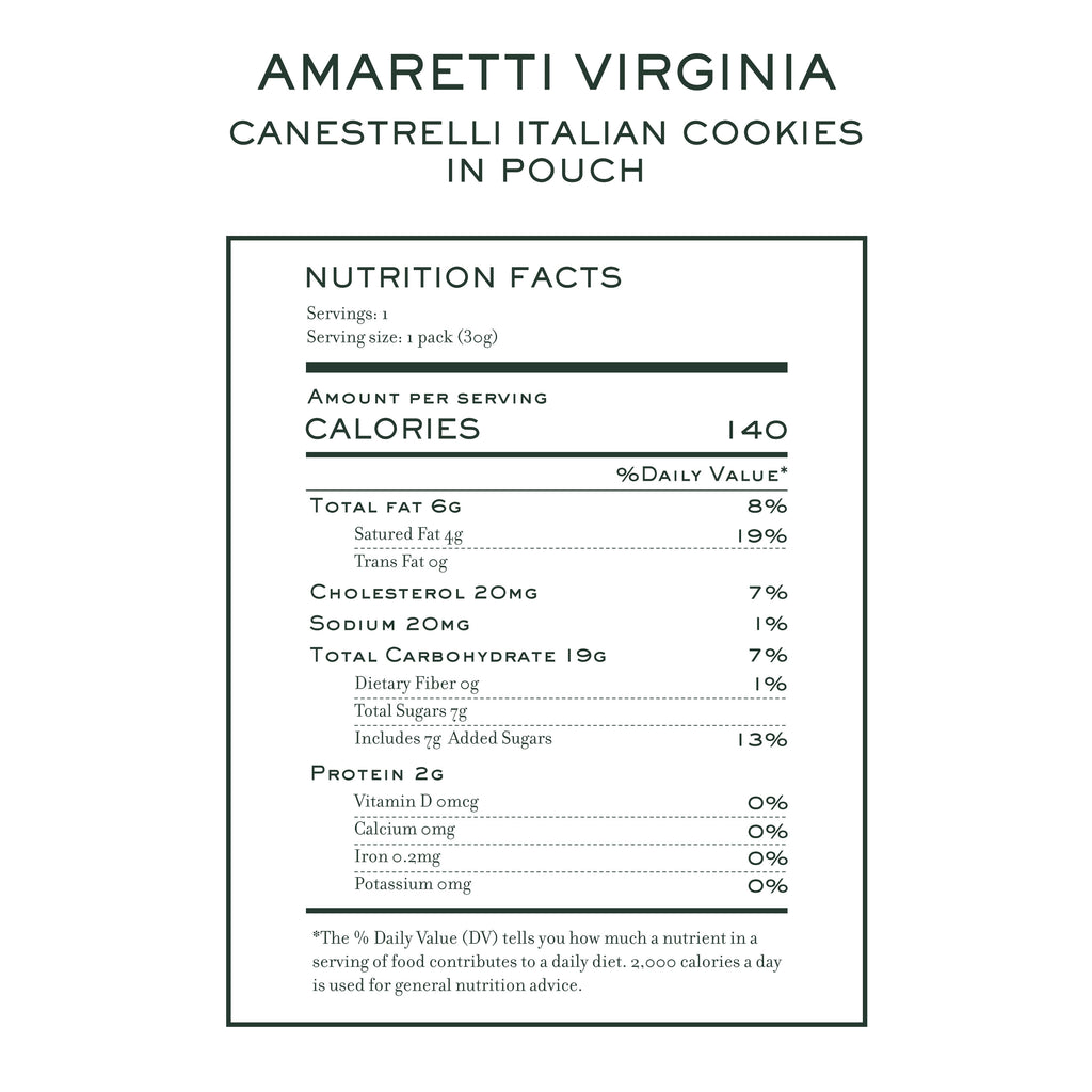 Nutrition label for Amaretti Virginia Canestrelli Italian shortbread cookies