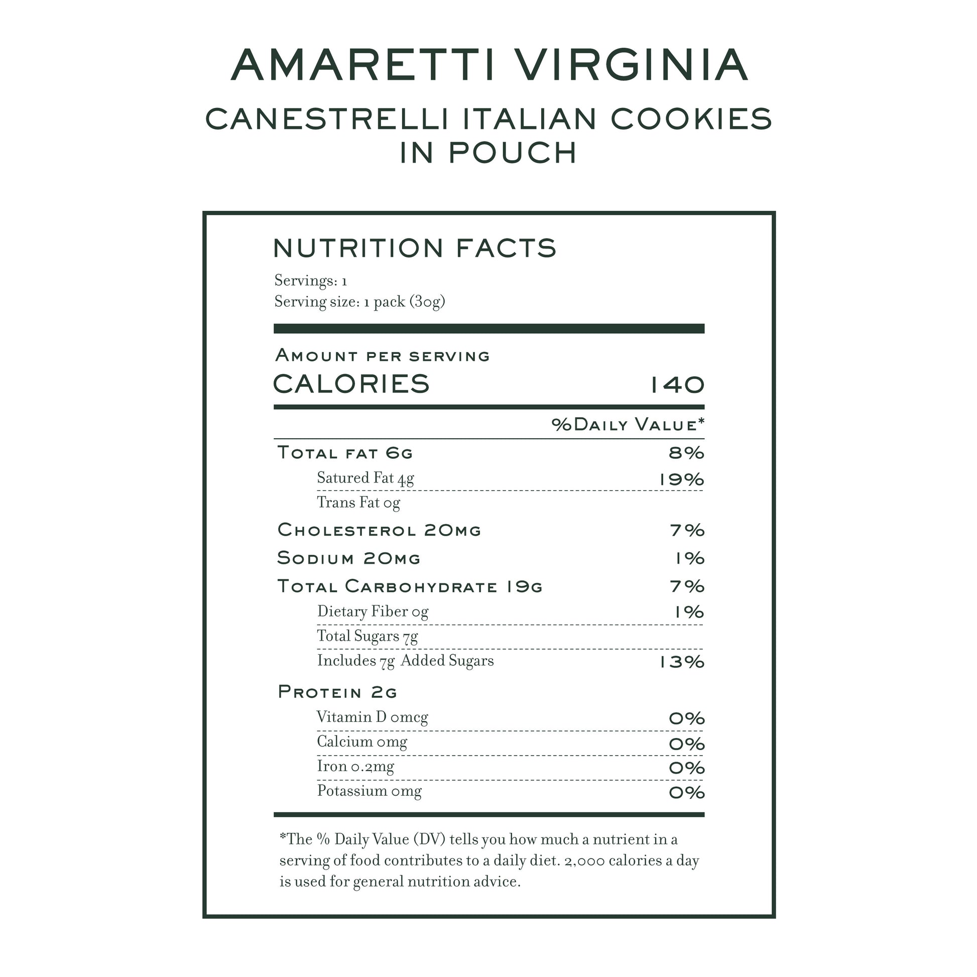 Nutrition label for Amaretti Virginia Canestrelli Italian shortbread cookies