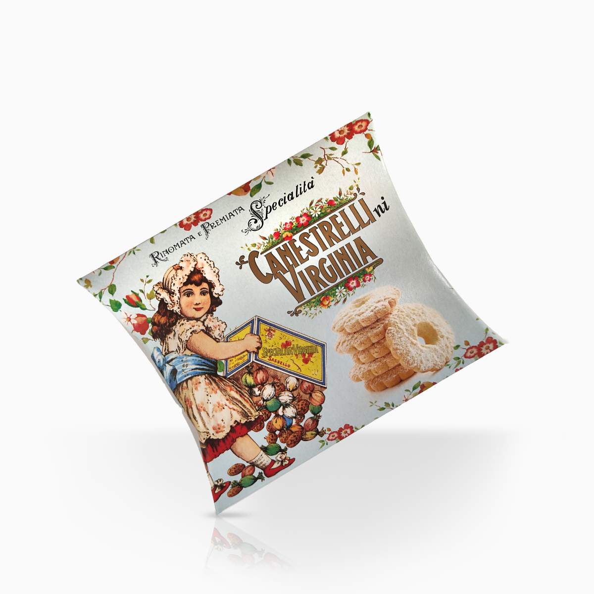 Amaretti Virginia Canestrelli cookies in decorative pouch packaging