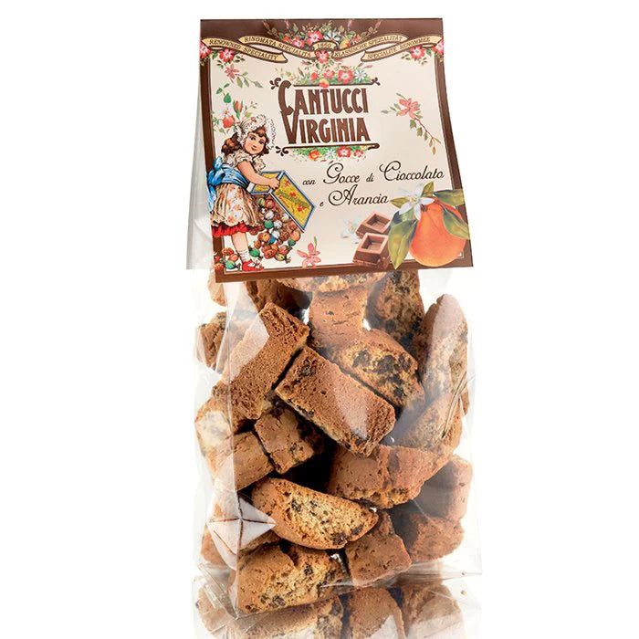 Packaged bag of Amaretti Virginia chocolate and orange cantucci Italian biscotti