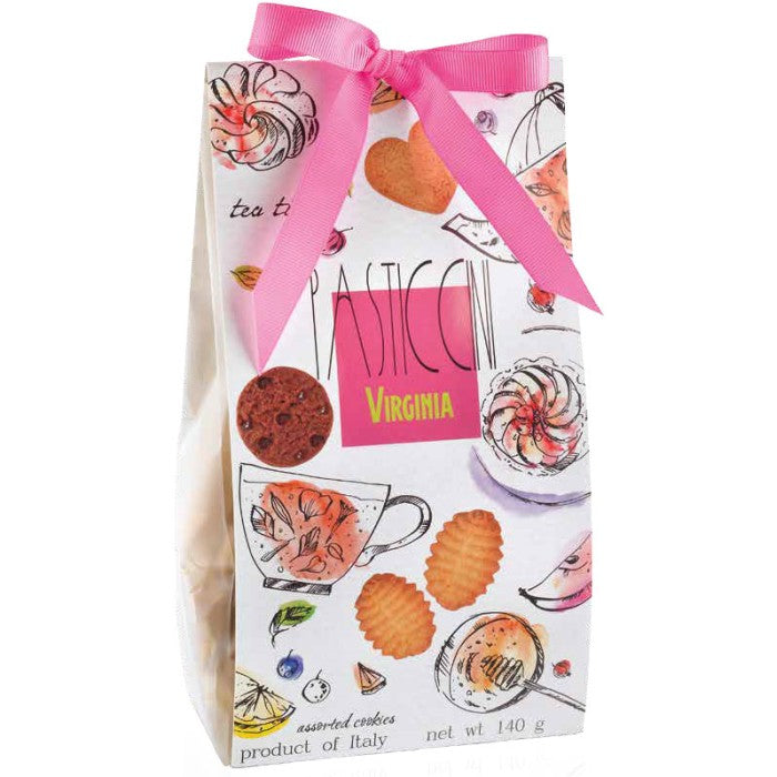Close-up of Amaretti Virginia assorted pasticcini cookies bag with illustrated design
