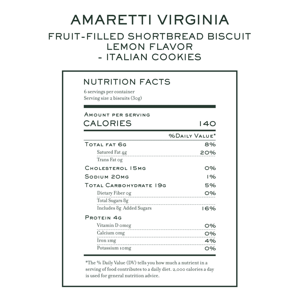Nutrition label for Amaretti Virginia lemon shortbread biscuits with fruit preserve filling