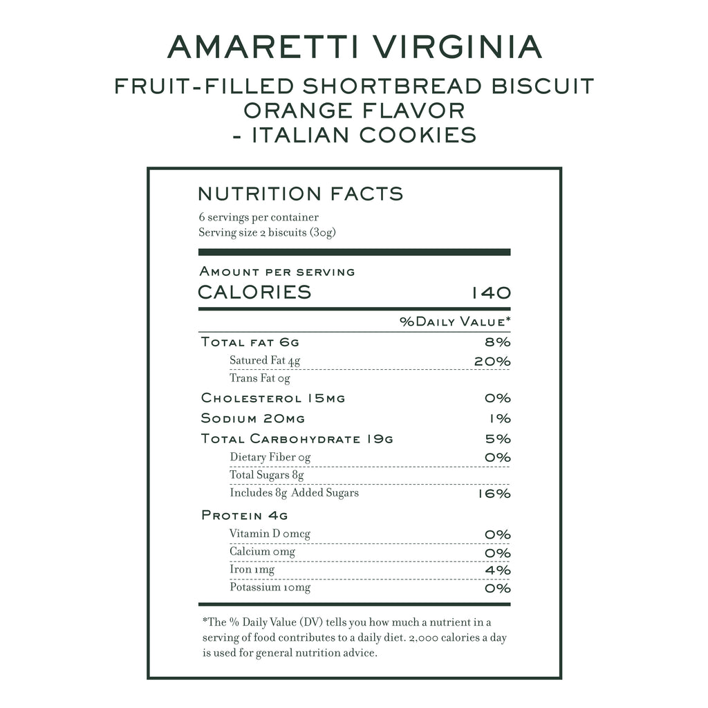 Nutrition facts for Amaretti Virginia orange shortbread fruit-filled biscuits