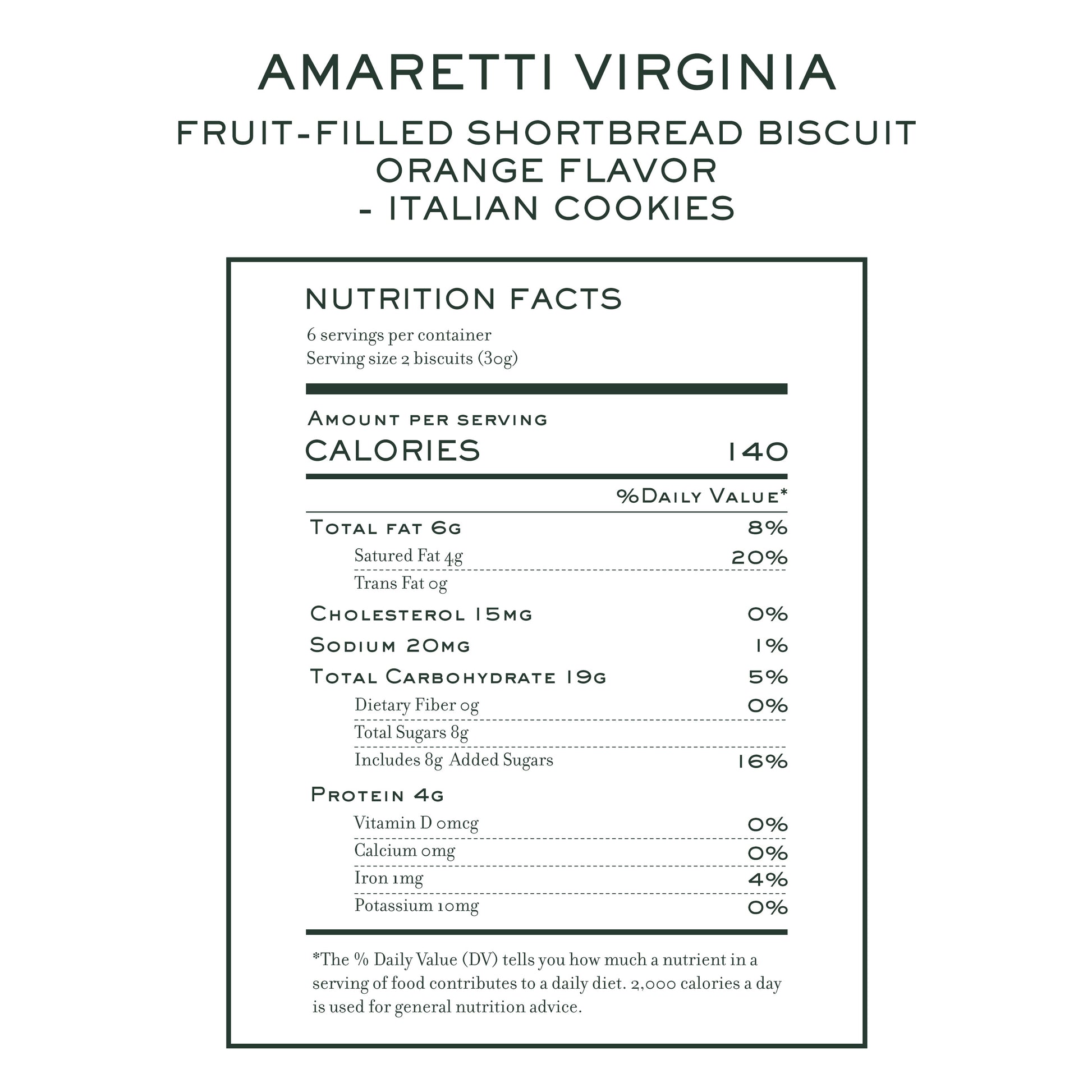 Nutrition facts for Amaretti Virginia orange shortbread fruit-filled biscuits