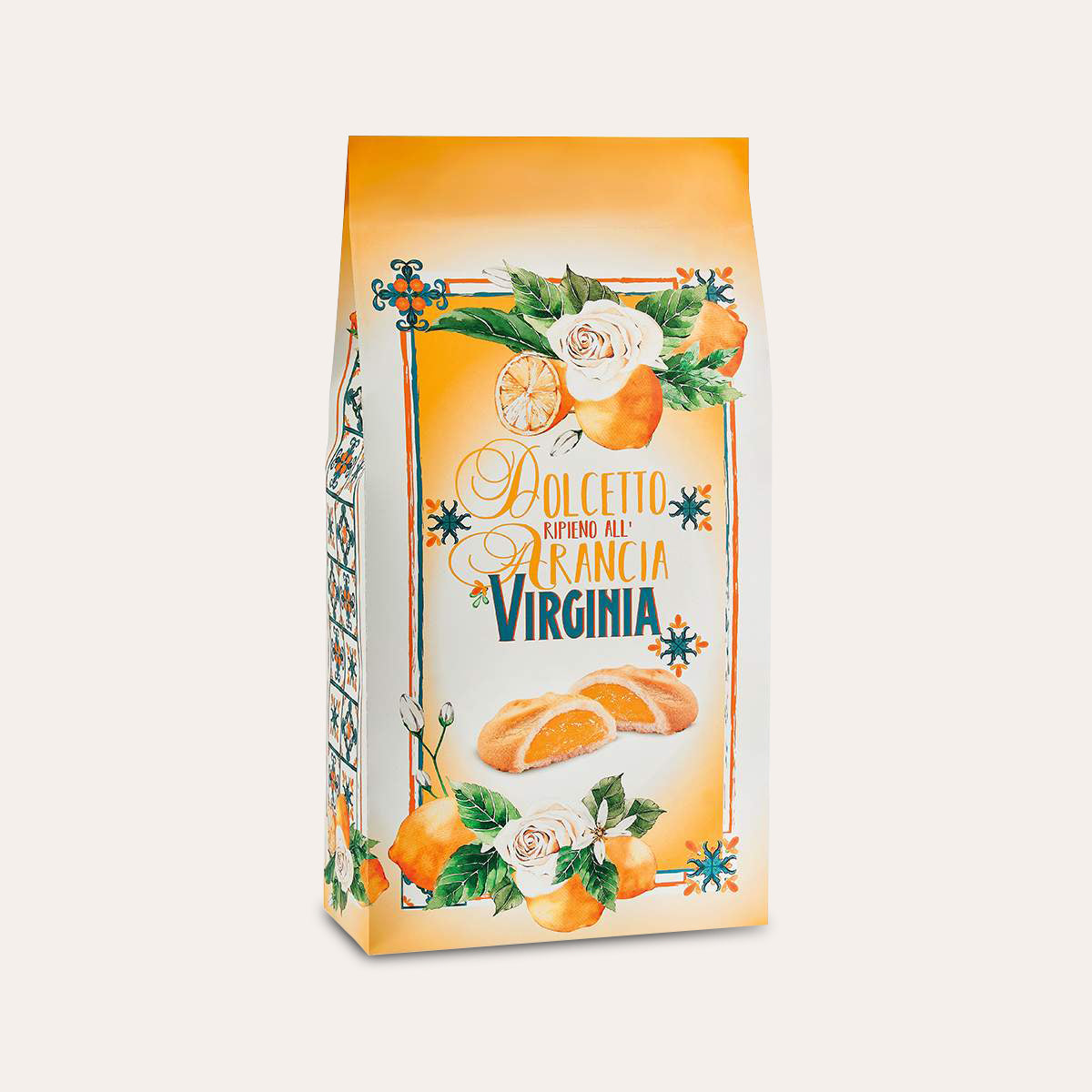 Bag of Amaretti Virginia orange fruit-filled shortbread biscuits with Italian design