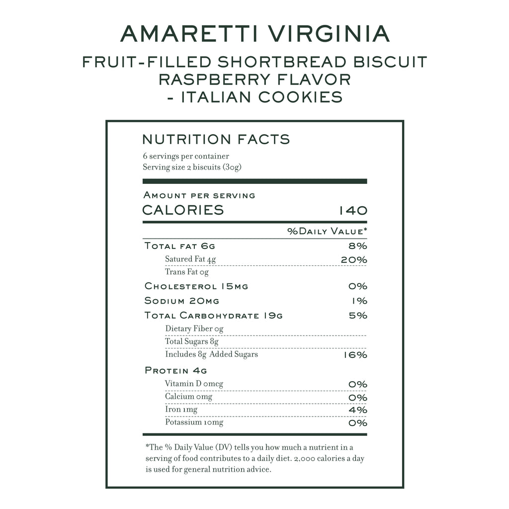 Nutrition facts for Amaretti Virginia raspberry fruit-filled shortbread cookies