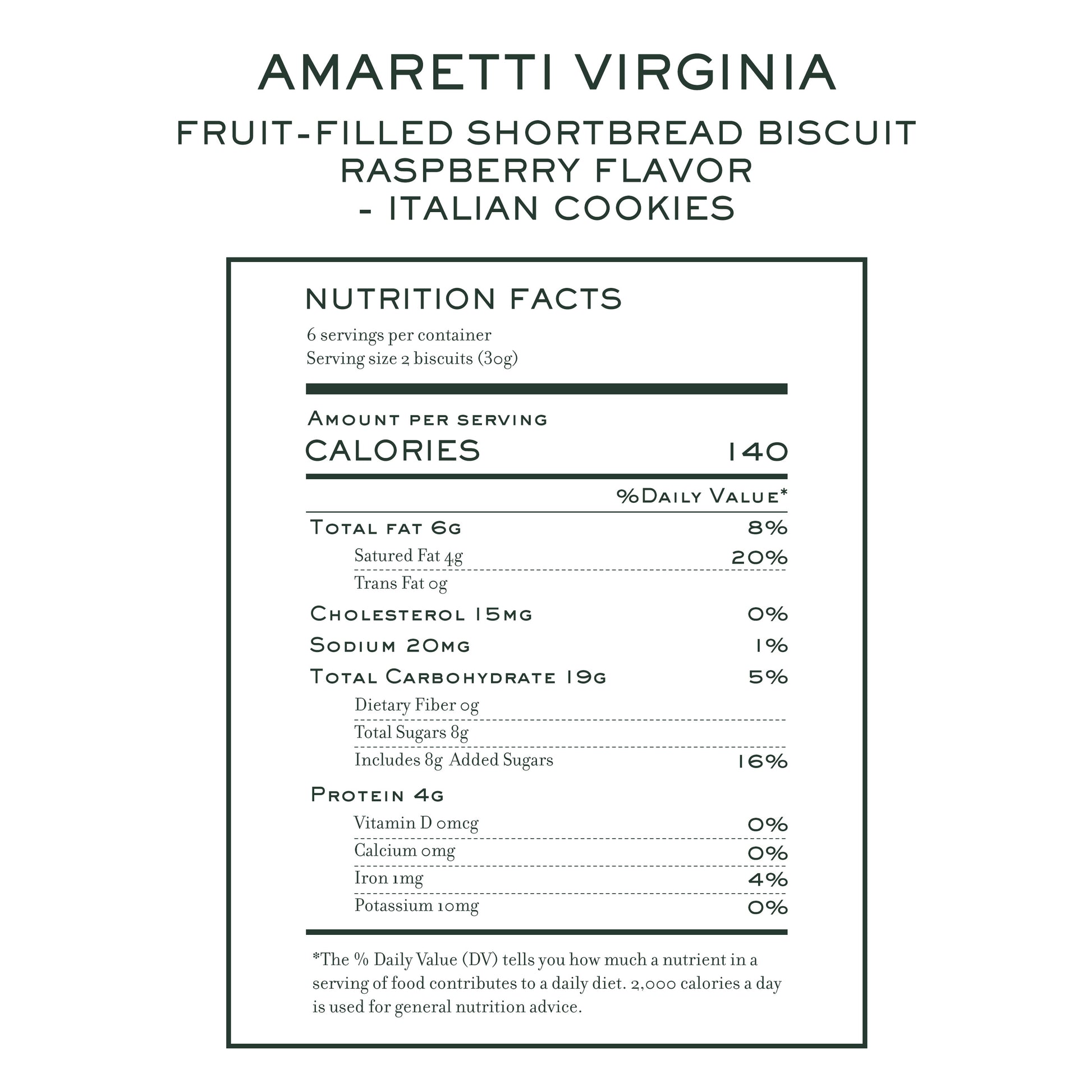 Nutrition facts for Amaretti Virginia raspberry fruit-filled shortbread cookies