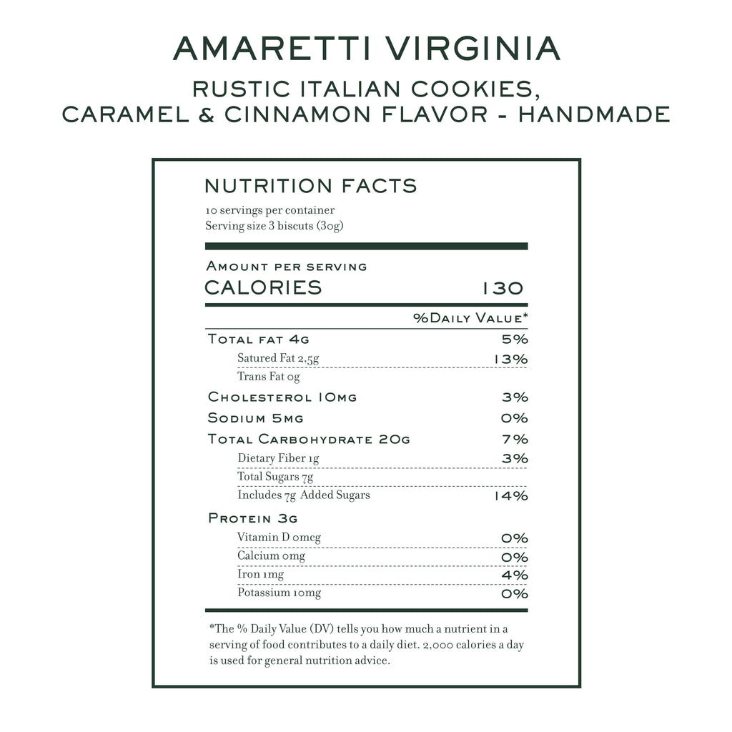 Nutrition facts for Amaretti Virginia rustic caramel cinnamon Italian cookies