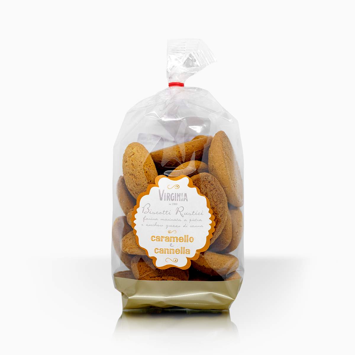 Clear bag of rustic Italian cookies caramel cinnamon flavor