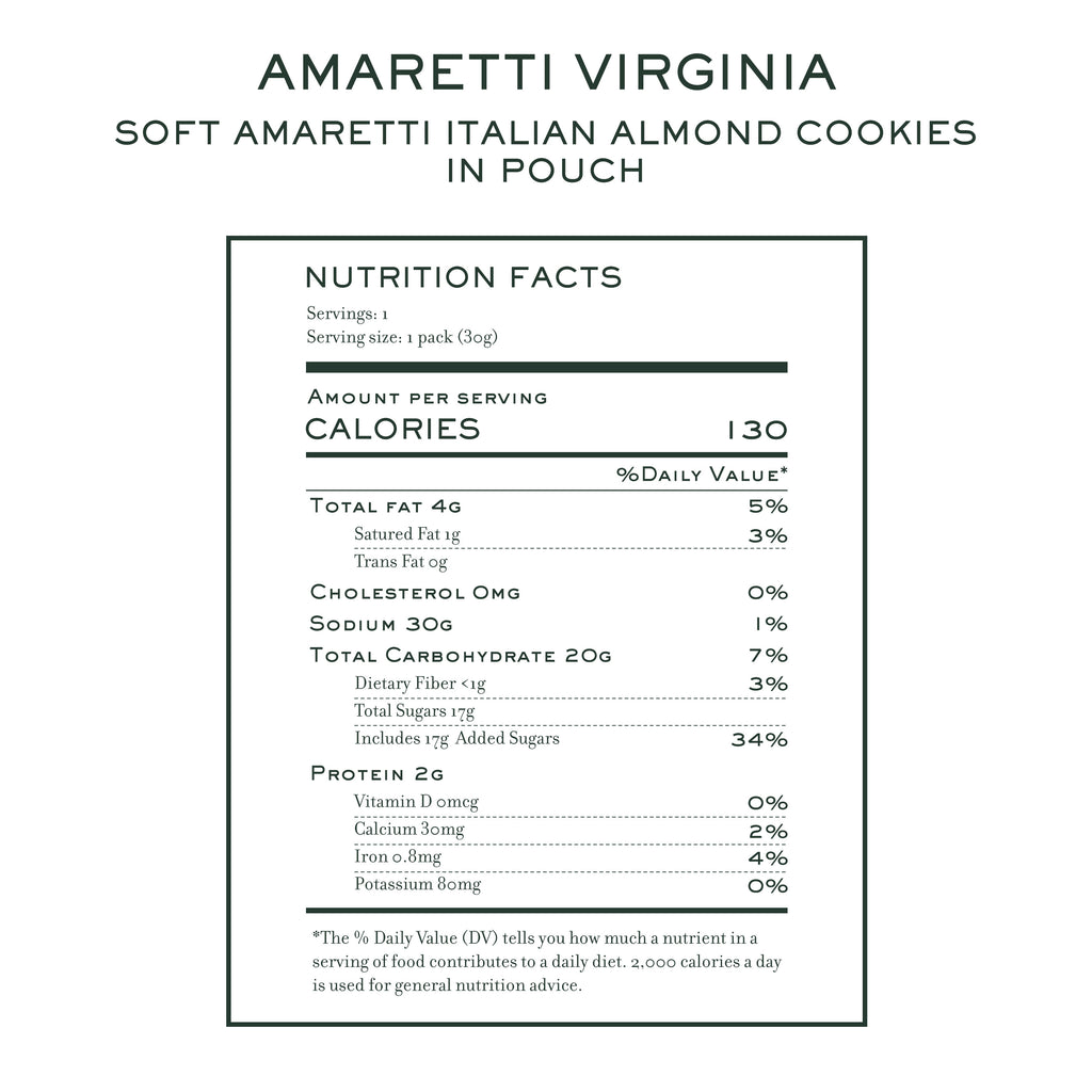 Nutrition label for Amaretti Virginia soft Italian almond cookies pouch