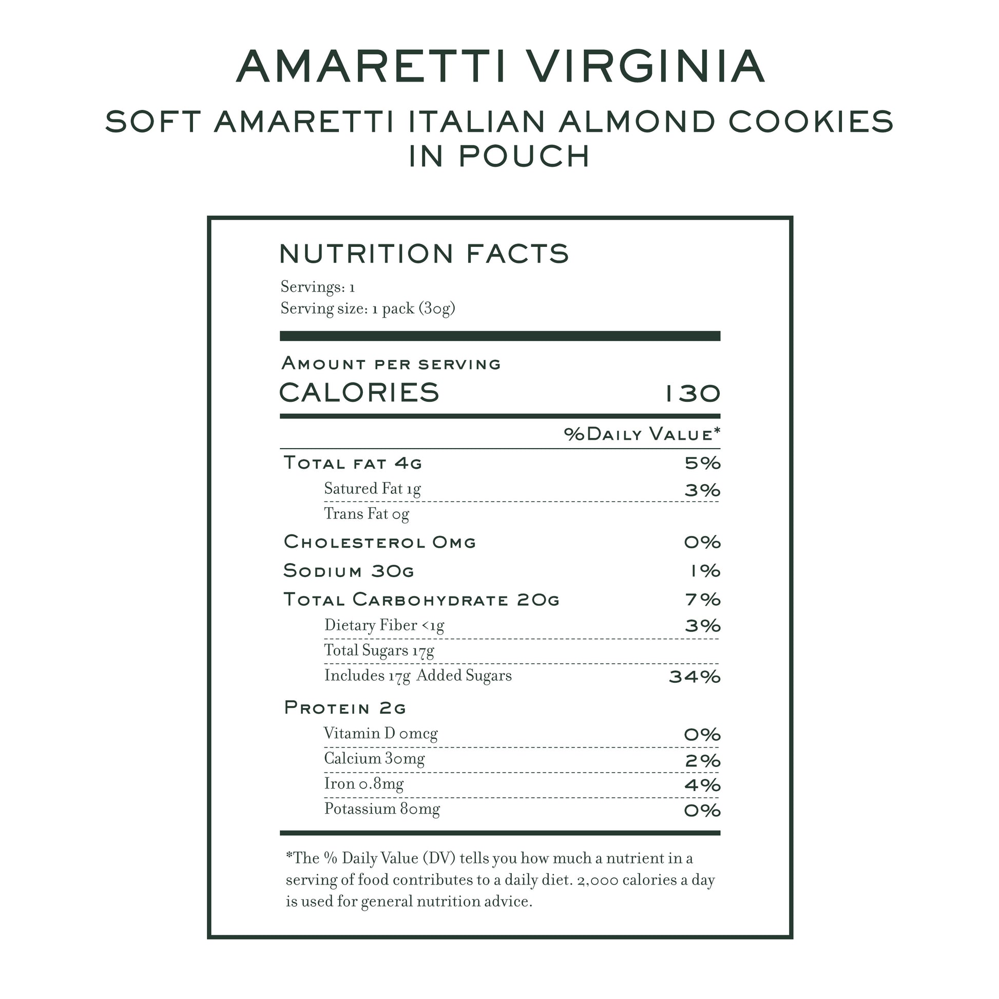 Nutrition label for Amaretti Virginia soft Italian almond cookies pouch