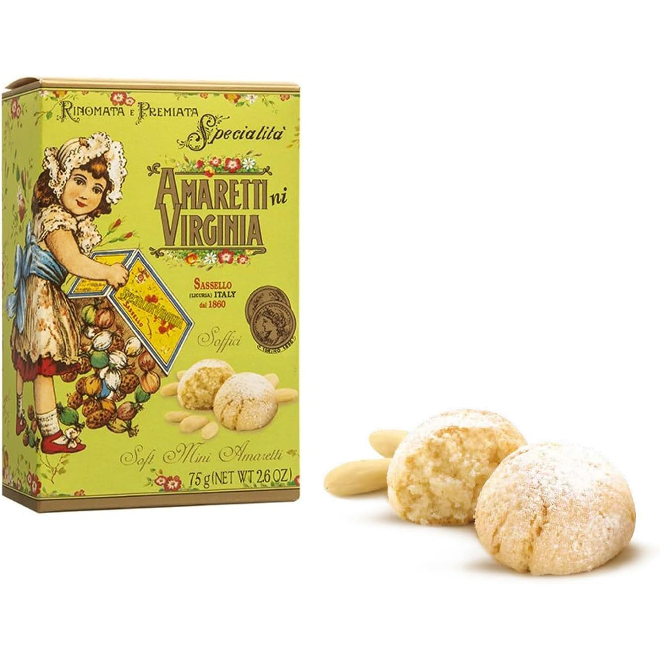 Box of Amaretti Virginia soft Italian almond cookies with almonds and packaging